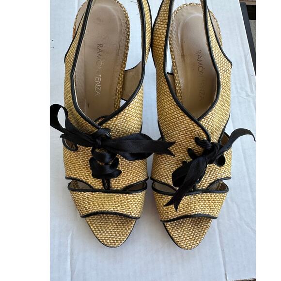 Ramon Tenza Spain Raffia Slingback Heels Peep Toe Black Trim Resort Wedding 7 - Picture 2 of 11